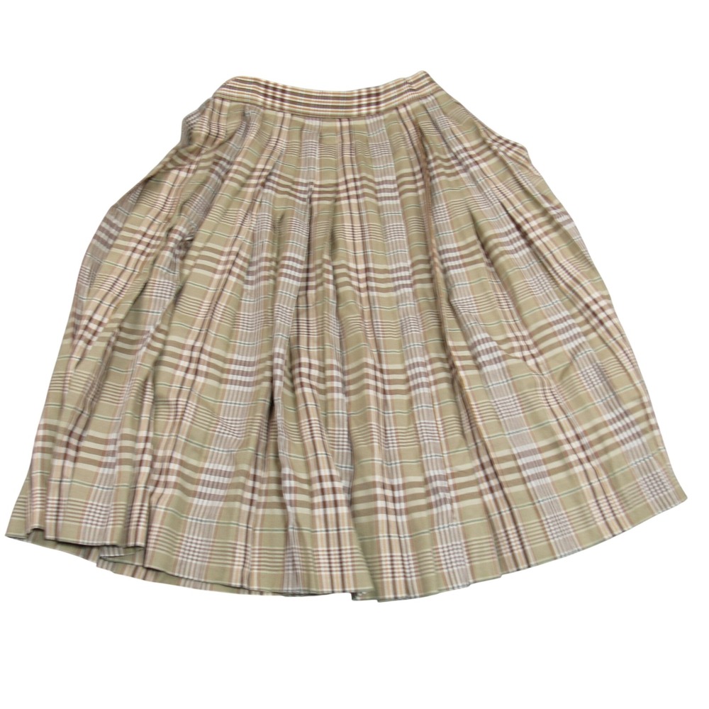 Liz‎ Claiborne Vintage Plaid Pleated Midi Skirt Brown Tan Wool Blend Womens 10